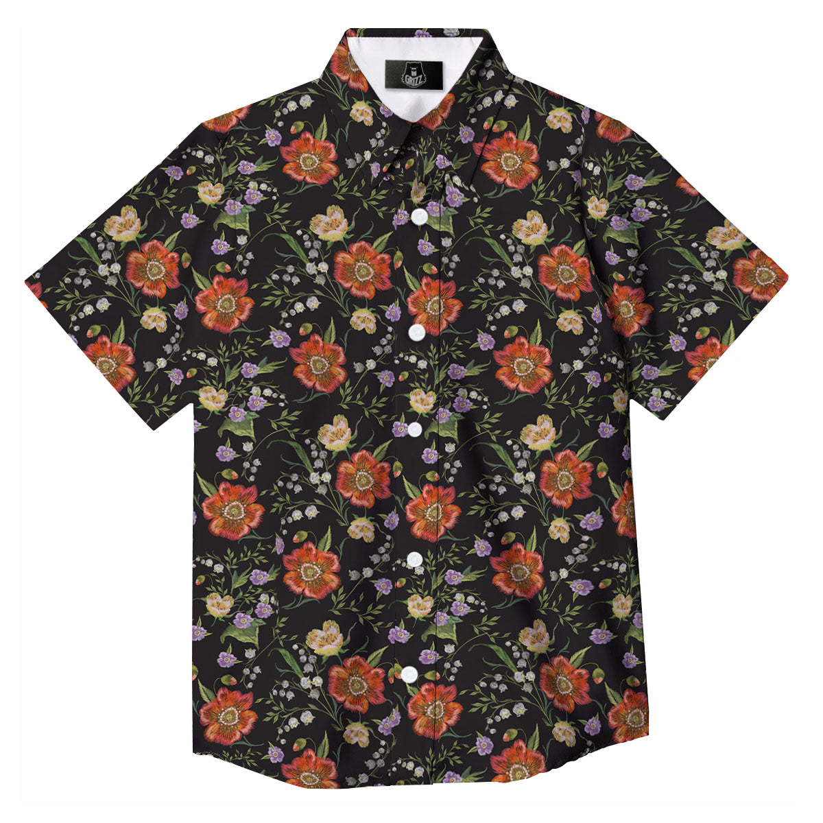 Poppy Embroidery Print Pattern Button Up Shirt-grizzshop