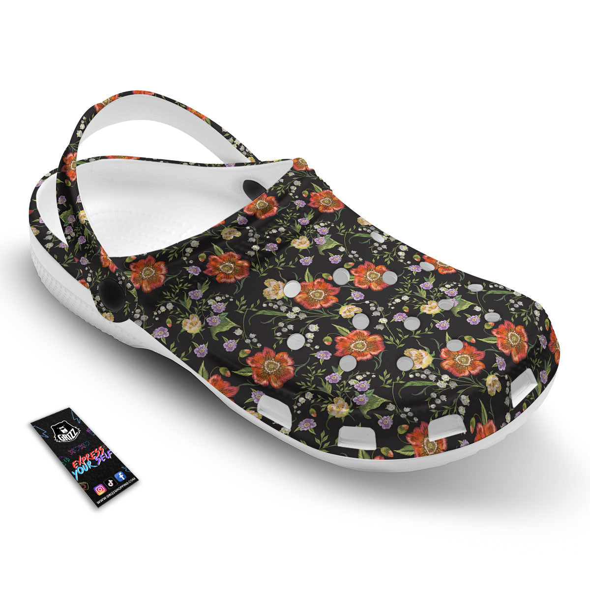 Poppy Embroidery Print Pattern Clog-grizzshop