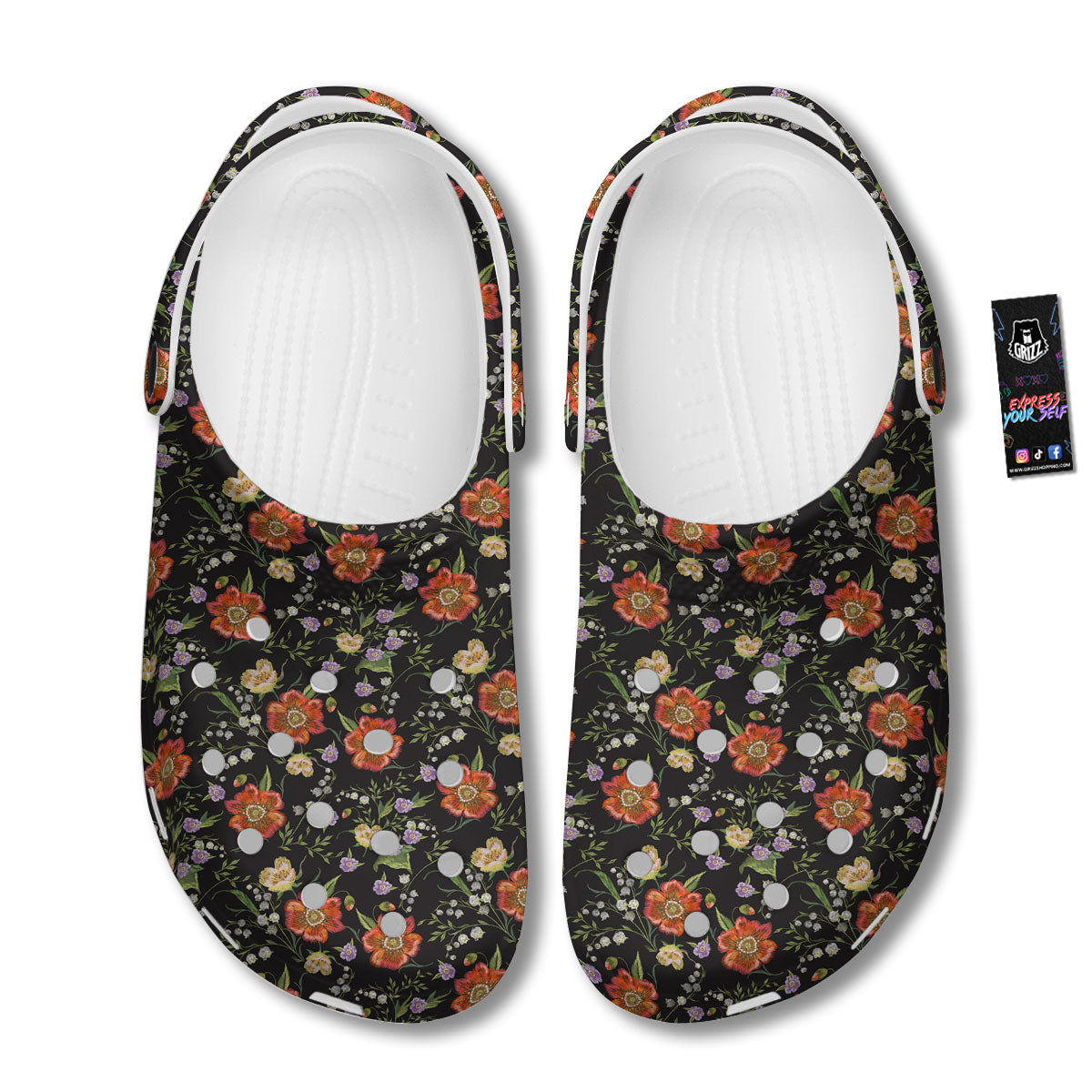 Poppy Embroidery Print Pattern Clog-grizzshop