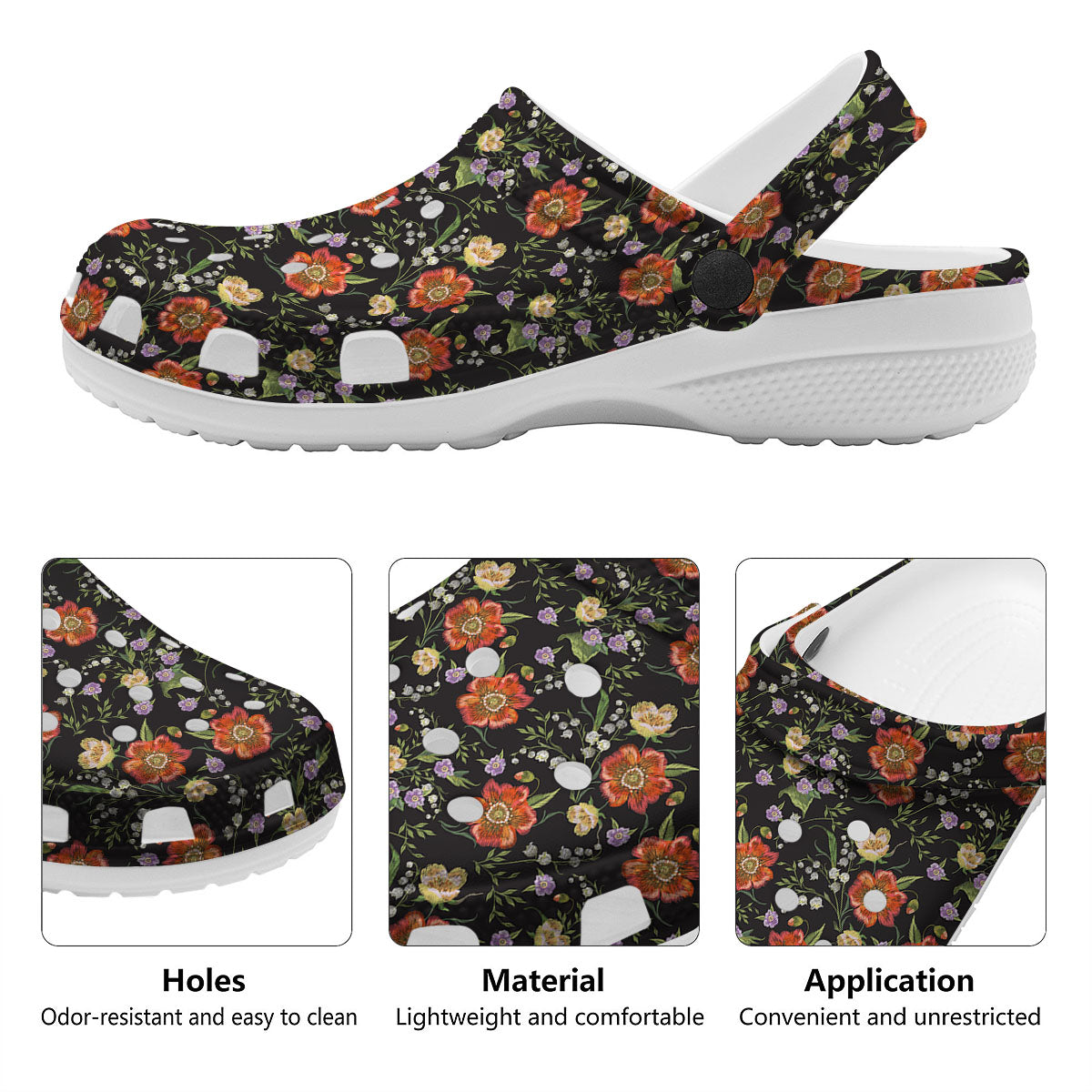 Poppy Embroidery Print Pattern Clog-grizzshop
