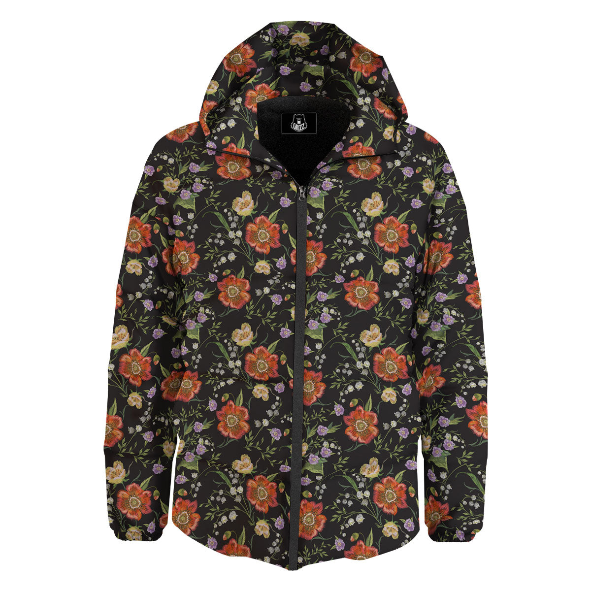 Poppy Embroidery Print Pattern Down Jacket-grizzshop