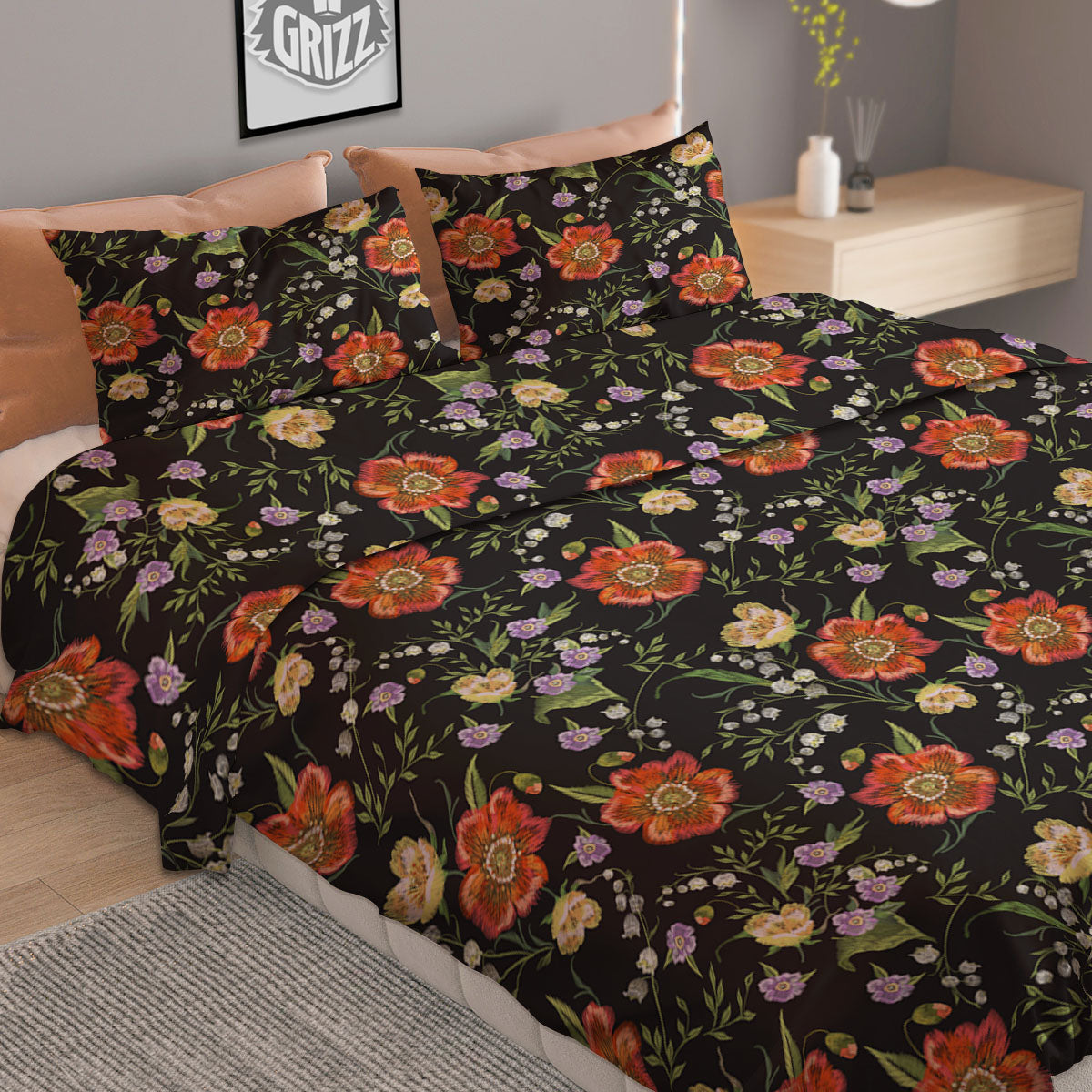 Poppy Embroidery Print Pattern Duvet Cover Bedding Set