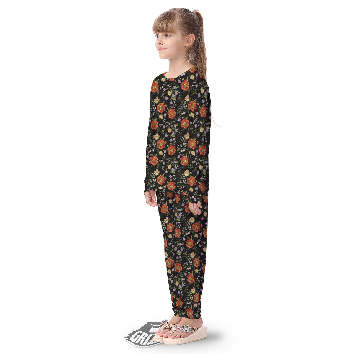 Poppy Embroidery Print Pattern Kid's Pajamas-grizzshop