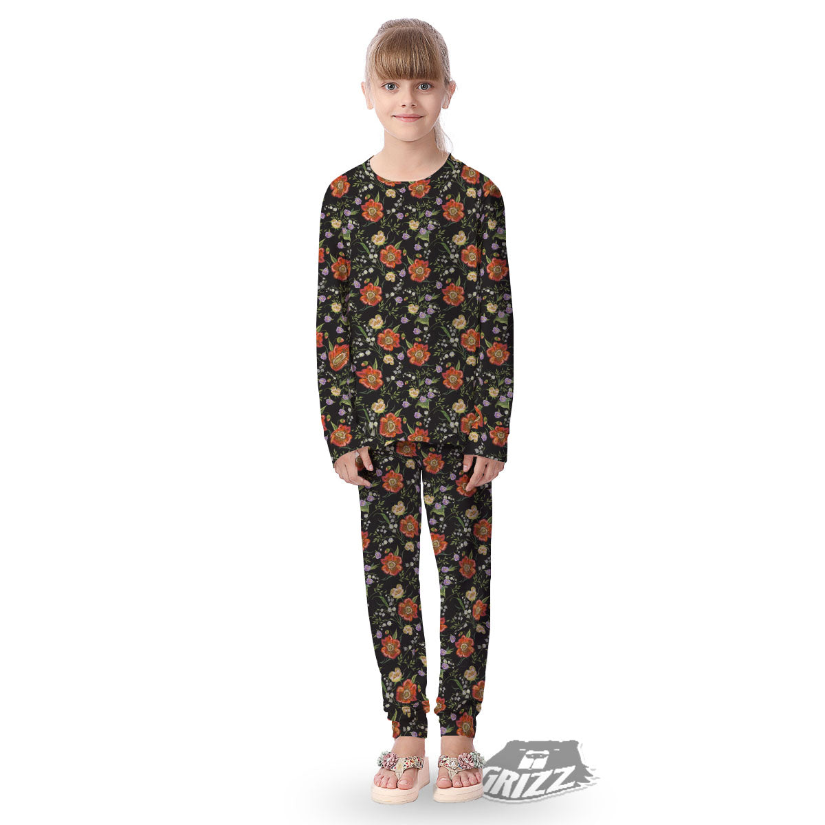 Poppy Embroidery Print Pattern Kid's Pajamas-grizzshop