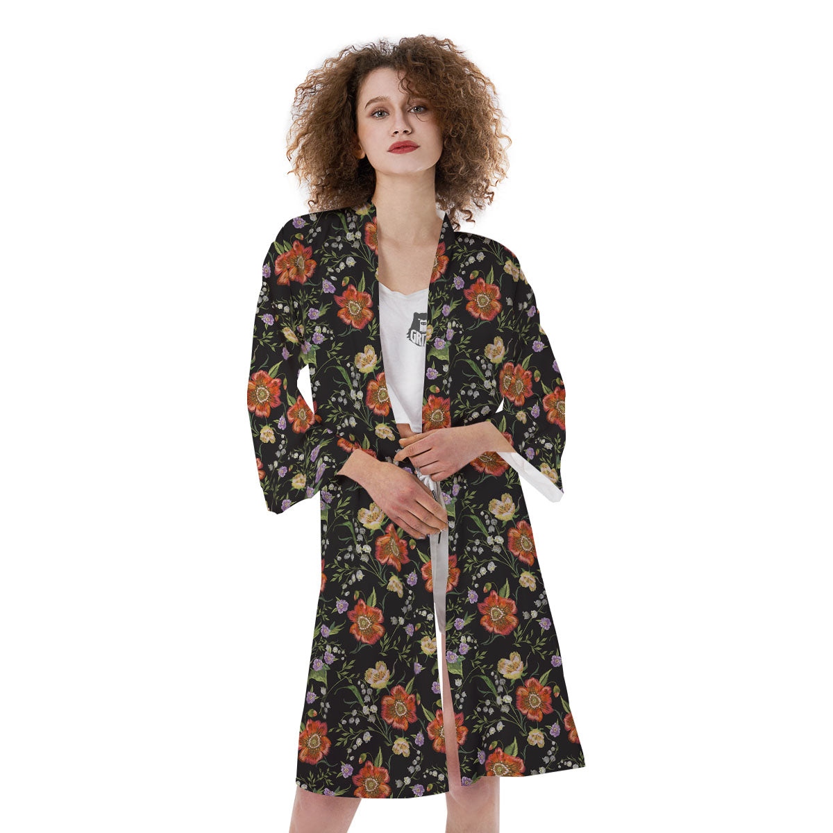 Poppy Embroidery Print Pattern Kimono-grizzshop