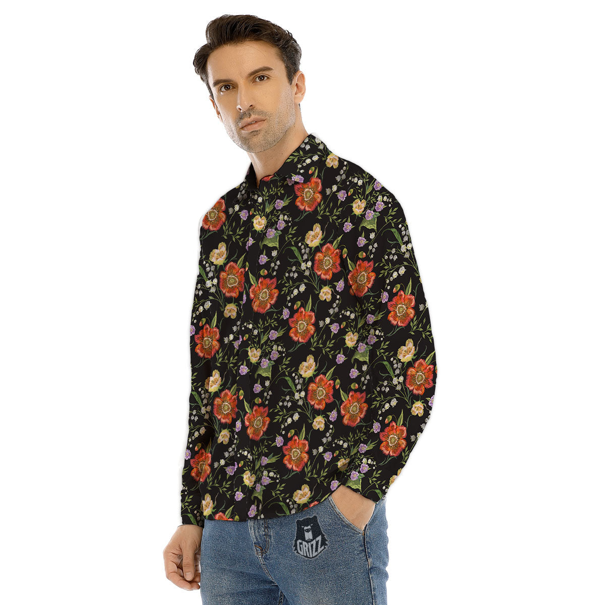 Poppy Embroidery Print Pattern Men's Dress Shirts-grizzshop
