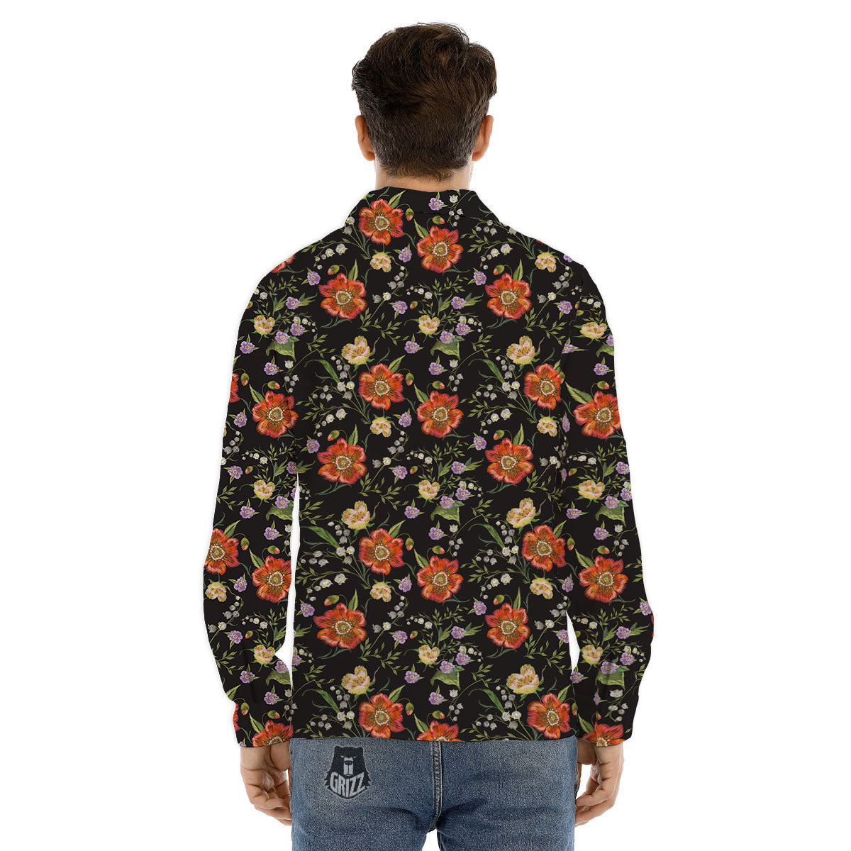 Poppy Embroidery Print Pattern Men's Dress Shirts-grizzshop
