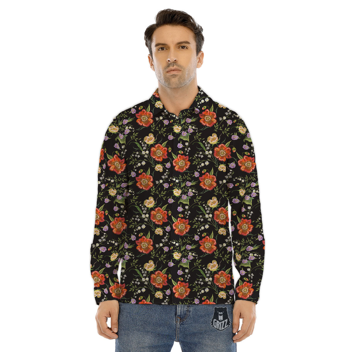 Poppy Embroidery Print Pattern Men's Dress Shirts-grizzshop