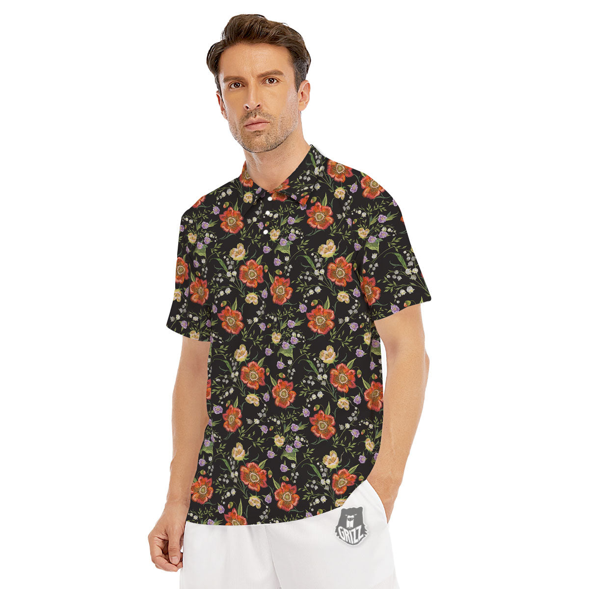 Poppy Embroidery Print Pattern Men's Golf Shirts-grizzshop