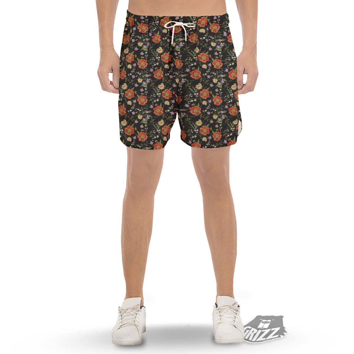 Poppy Embroidery Print Pattern Men's Gym Shorts-grizzshop