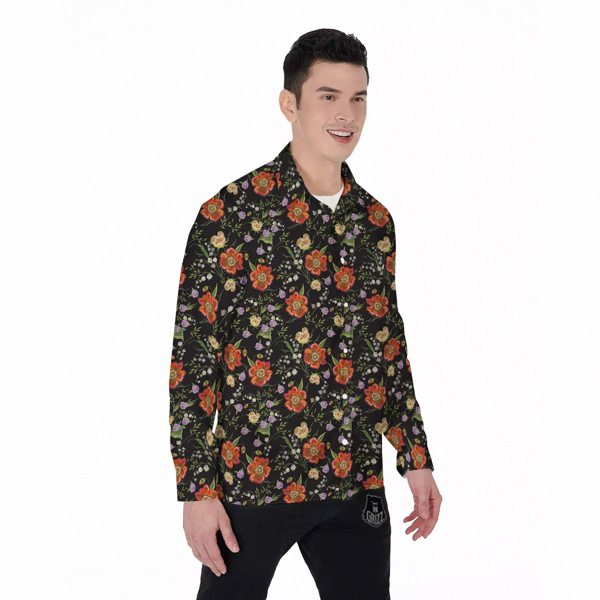 Poppy Embroidery Print Pattern Men's Long Sleeve Shirts-grizzshop