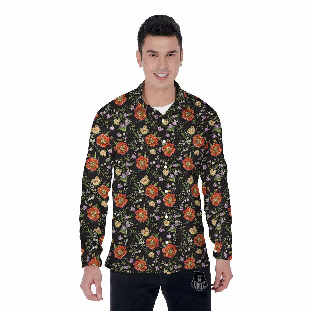 Poppy Embroidery Print Pattern Men's Long Sleeve Shirts-grizzshop