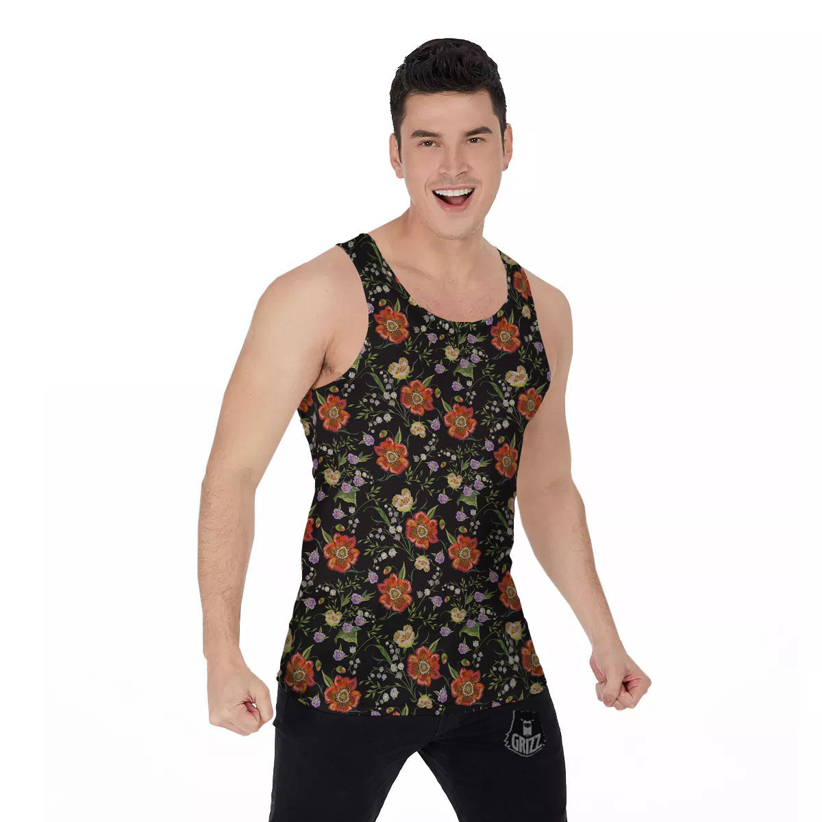 Poppy Embroidery Print Pattern Men's Tank Top-grizzshop