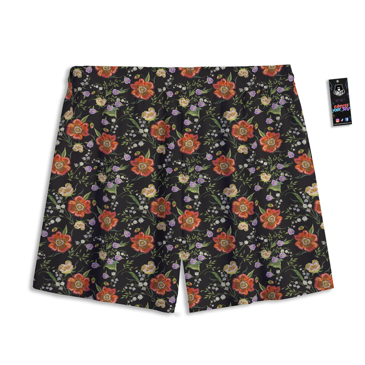 Poppy Embroidery Print Pattern Mesh Shorts