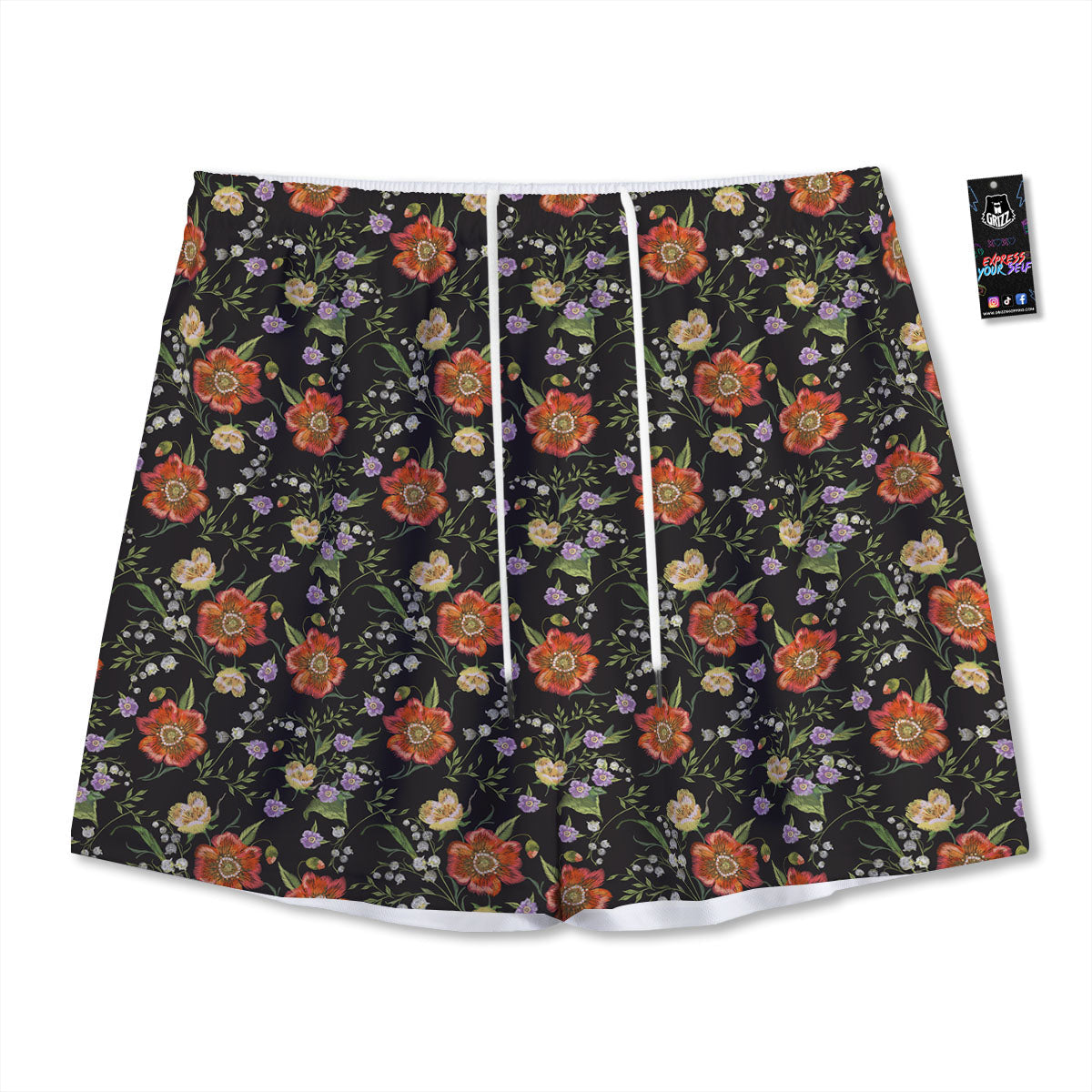 Poppy Embroidery Print Pattern Mesh Shorts