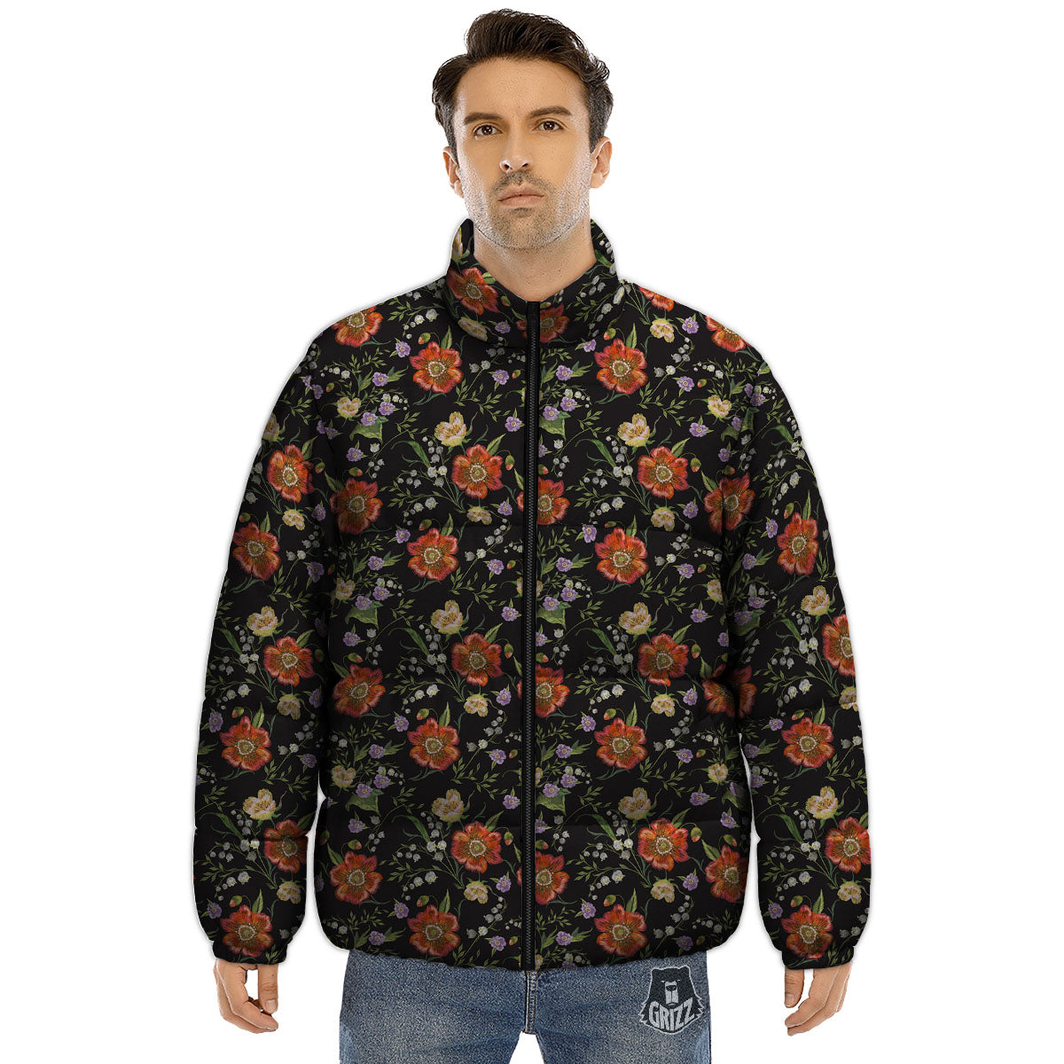 Poppy Embroidery Print Pattern Puffer Jacket-grizzshop