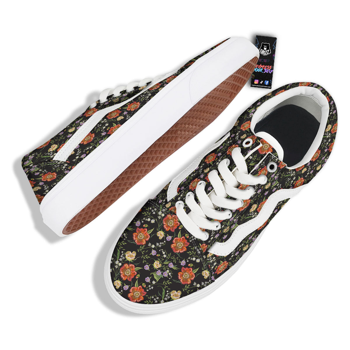 Poppy Embroidery Print Pattern Skate Shoes-grizzshop