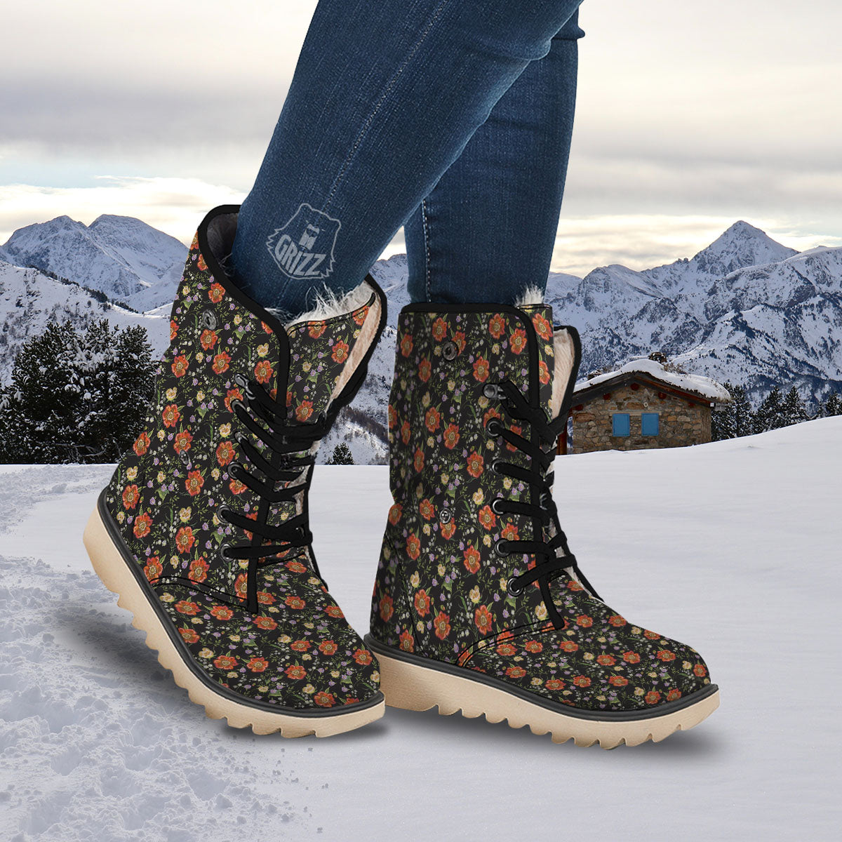 Poppy Embroidery Print Pattern Snow Boots-grizzshop