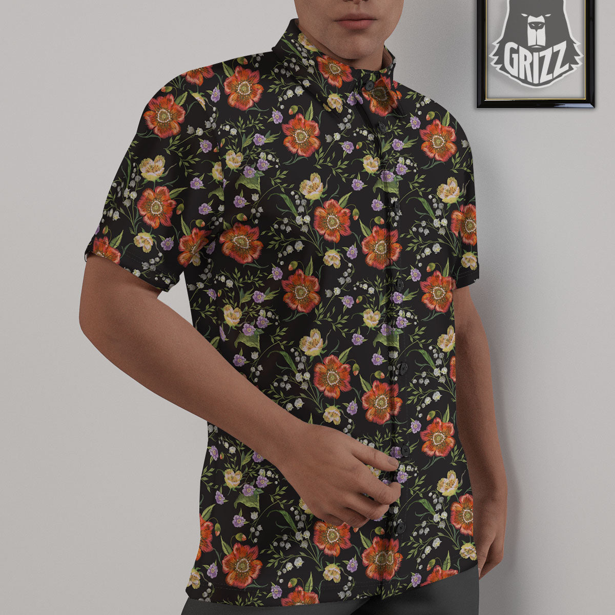Poppy Embroidery Print Pattern Untucked Shirts-grizzshop