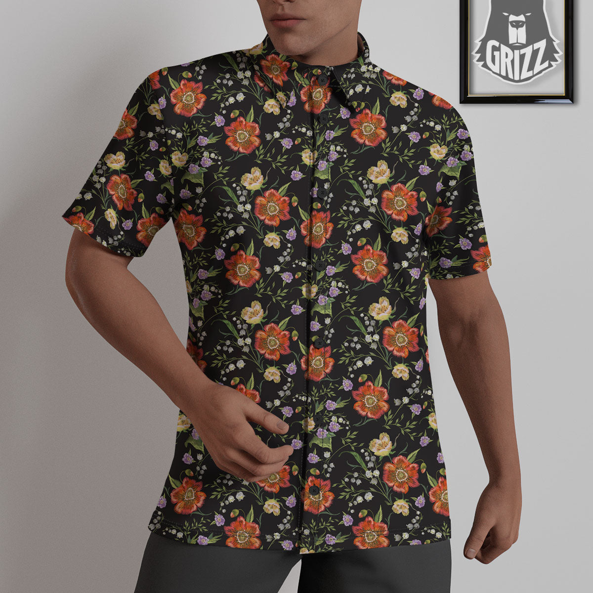 Poppy Embroidery Print Pattern Untucked Shirts-grizzshop