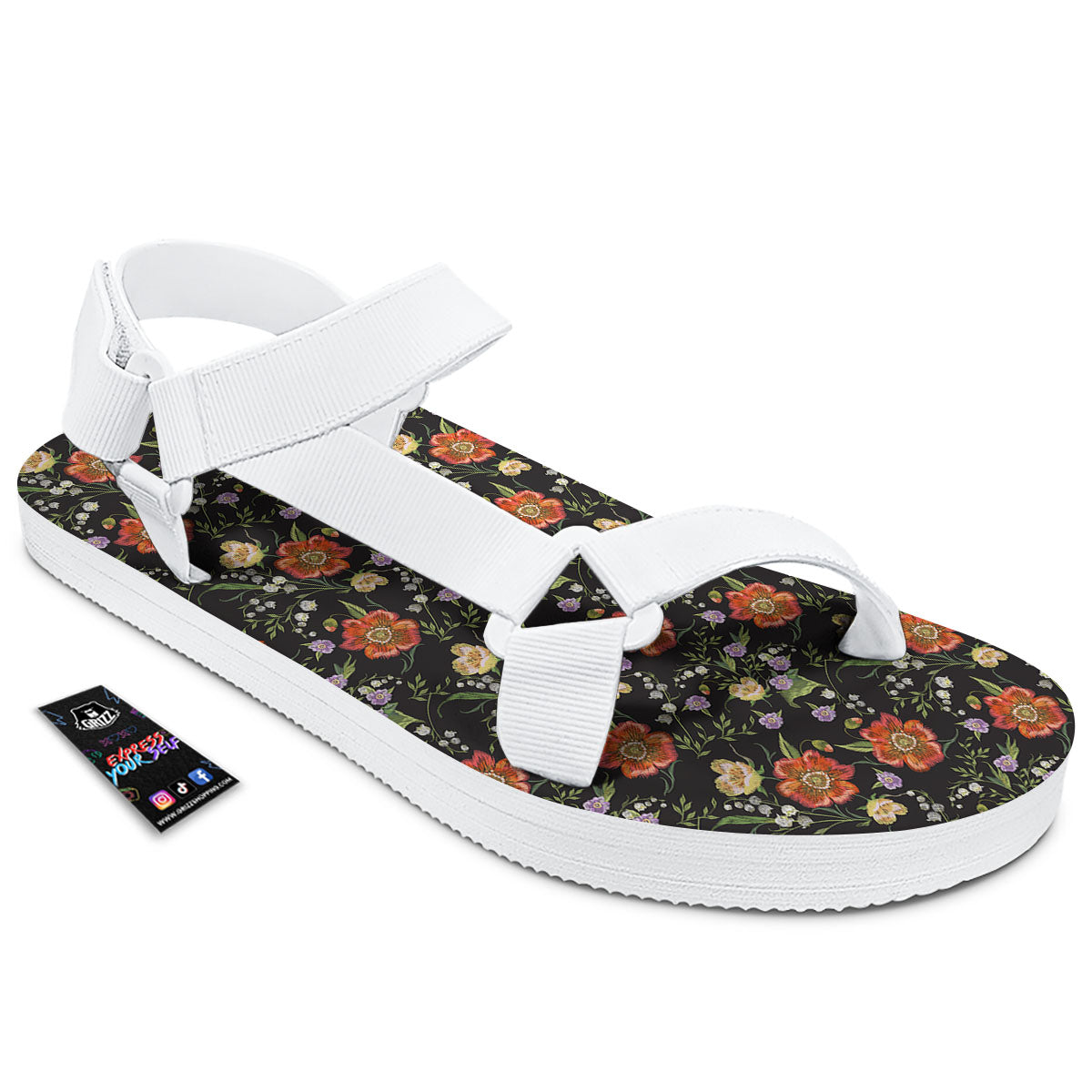 Poppy Embroidery Print Pattern White Open Toe Sandals-grizzshop