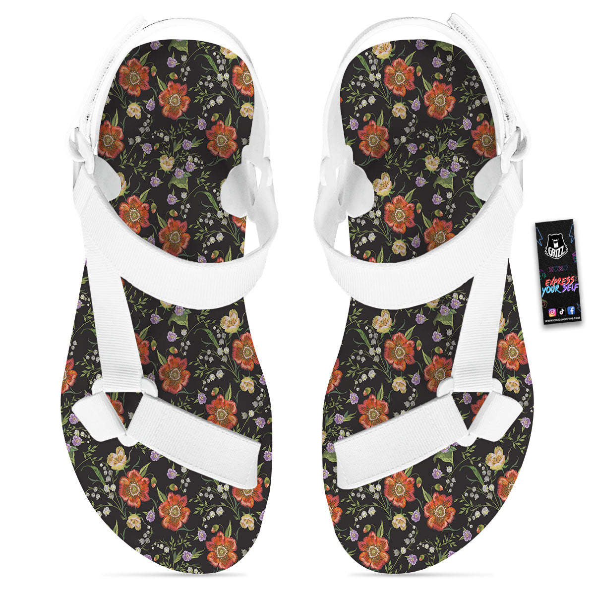 Poppy Embroidery Print Pattern White Open Toe Sandals-grizzshop