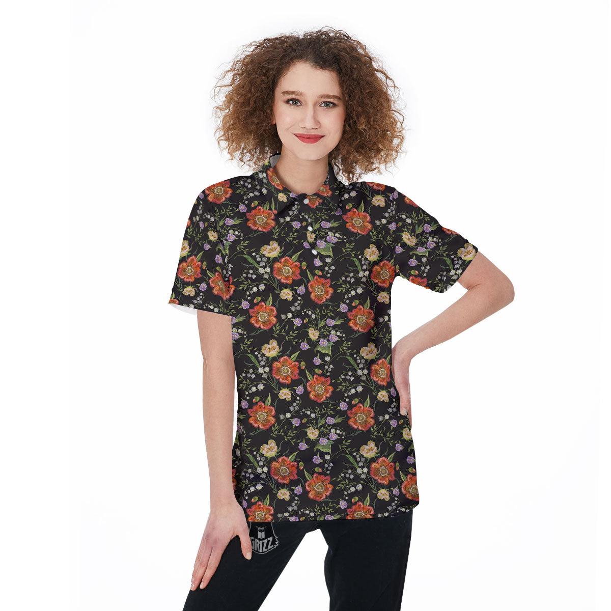 Poppy Embroidery Print Pattern Women's Golf Shirts-grizzshop