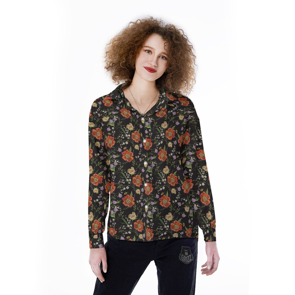 Poppy Embroidery Print Pattern Women's Long Sleeve Shirts-grizzshop