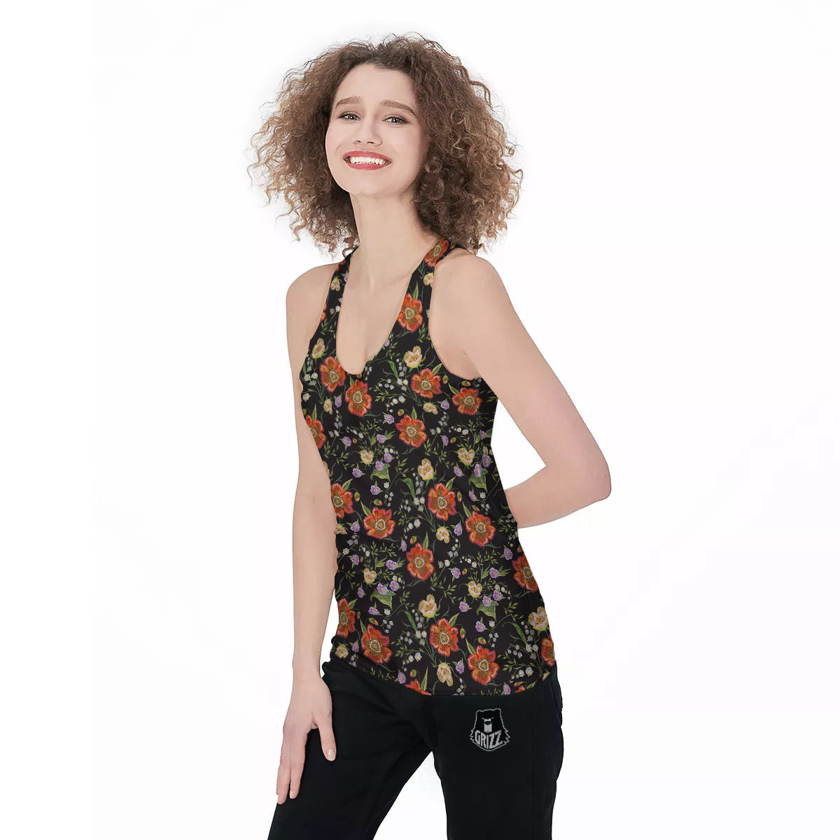 Poppy Embroidery Print Pattern Women's Racerback Tank Top-grizzshop