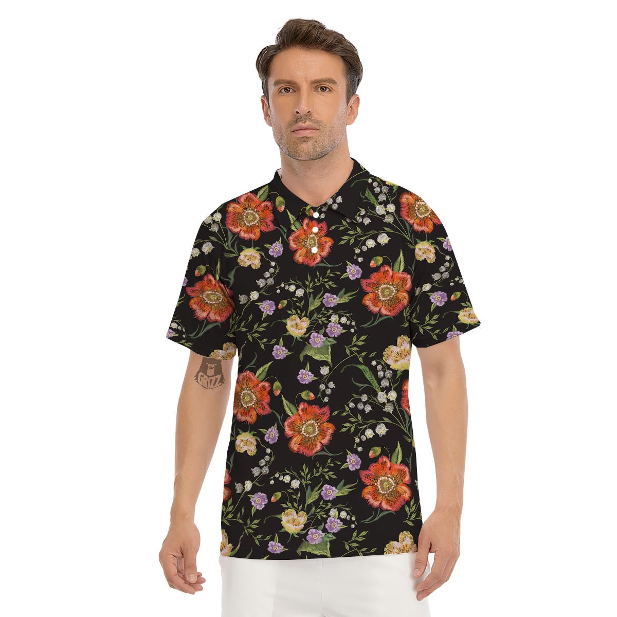 Poppy Floral Print Men's Golf Shirts-grizzshop