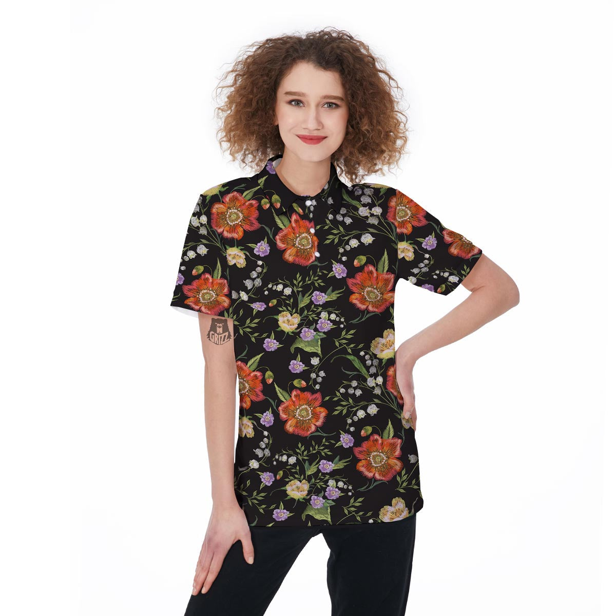 Poppy Floral Print Women's Golf Shirts-grizzshop