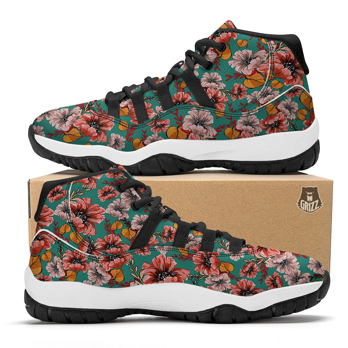 Poppy Floral Red Pattern Print Black Bball Shoes-grizzshop
