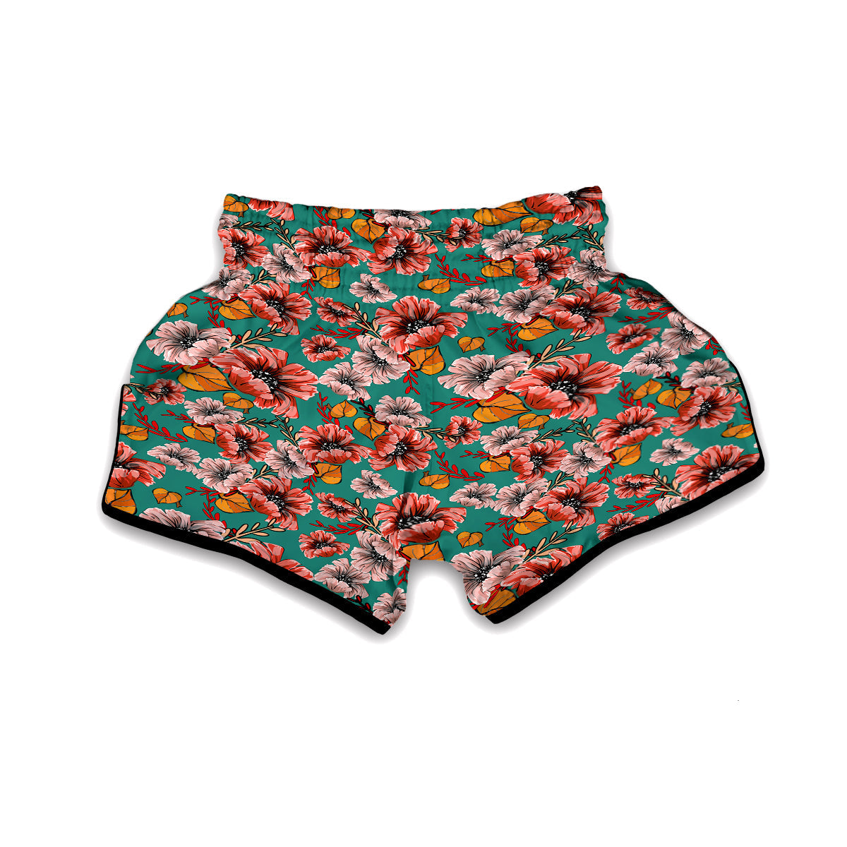 Poppy Floral Red Pattern Print Muay Thai Boxing Shorts-grizzshop