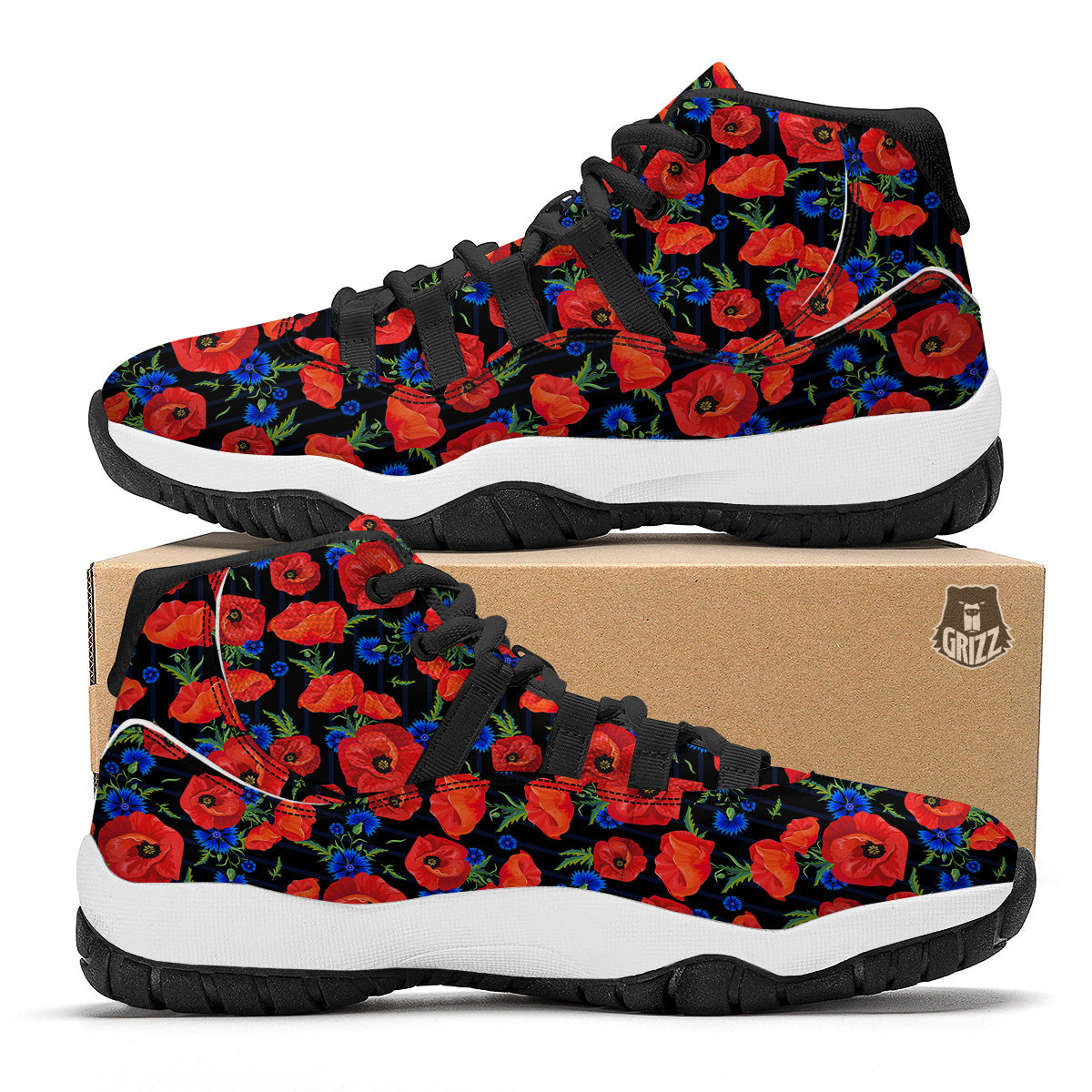 Poppy Red Floral Pattern Print Black Bball Shoes-grizzshop