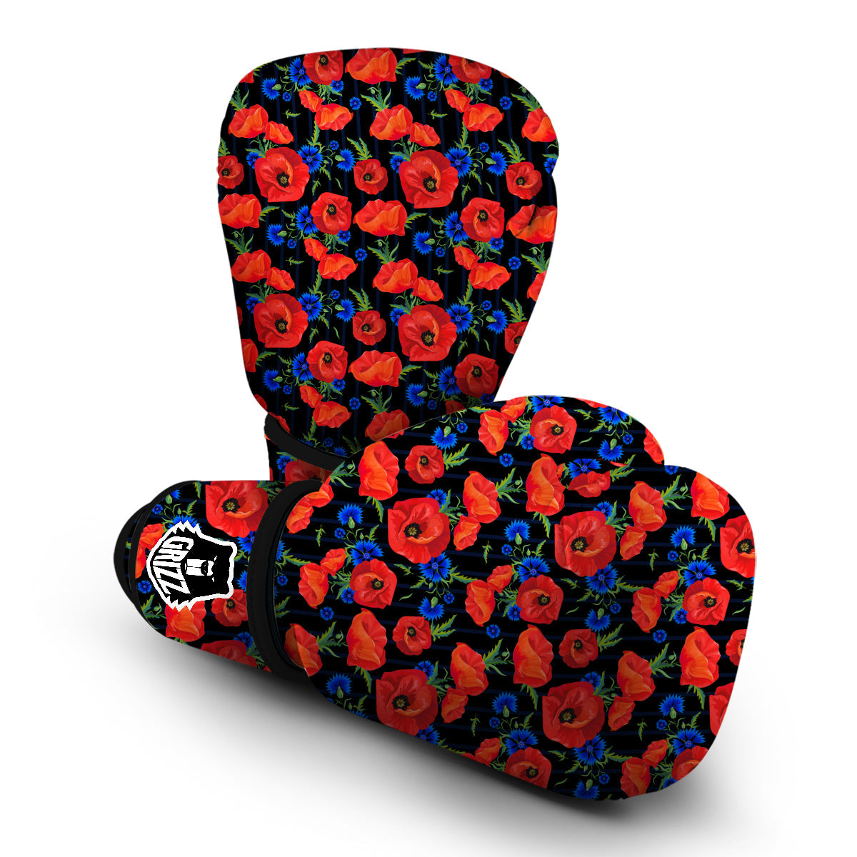 Poppy Red Floral Pattern Print Boxing Gloves-grizzshop