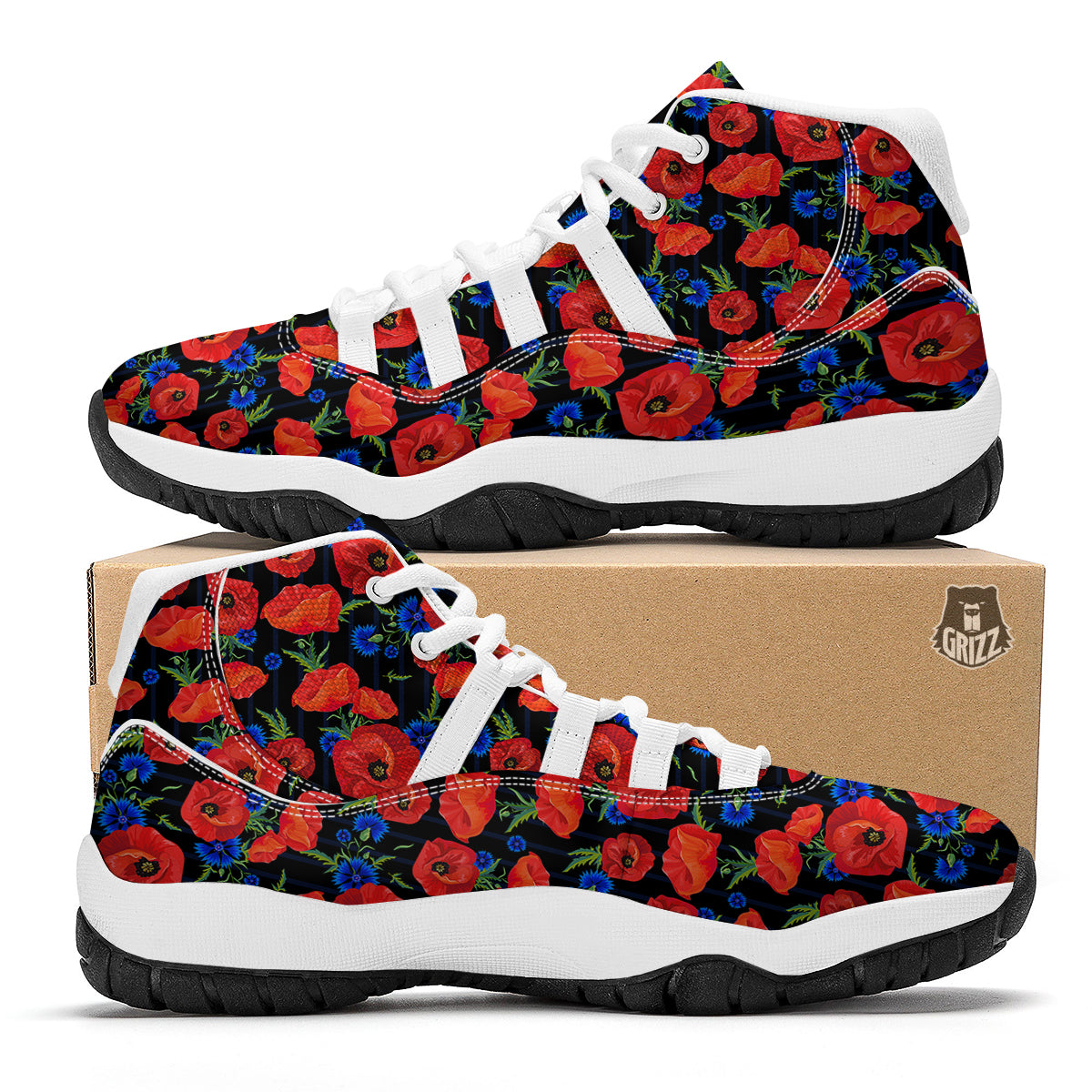 Poppy Red Floral Pattern Print White Bball Shoes-grizzshop