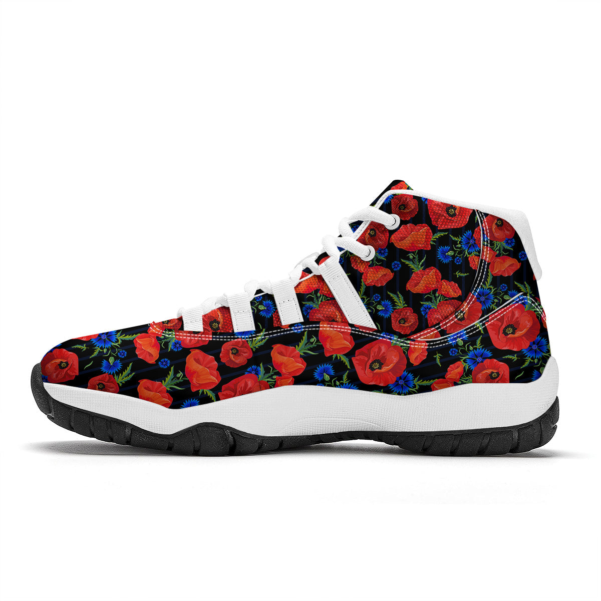 Poppy Red Floral Pattern Print White Bball Shoes-grizzshop