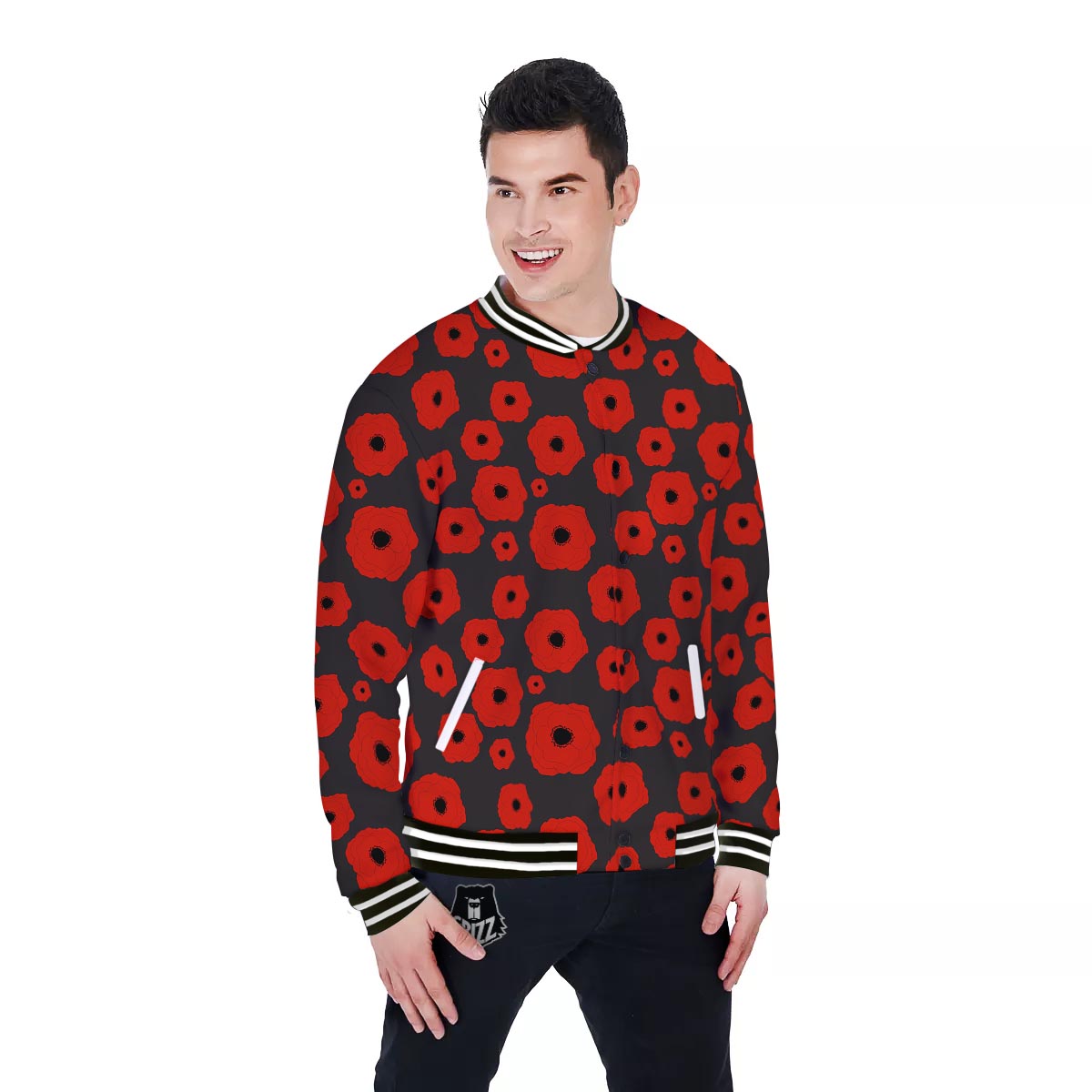 Poppy Red Print Pattern Baseball Jacket-grizzshop