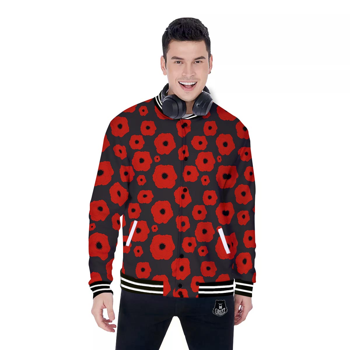 Poppy Red Print Pattern Baseball Jacket-grizzshop