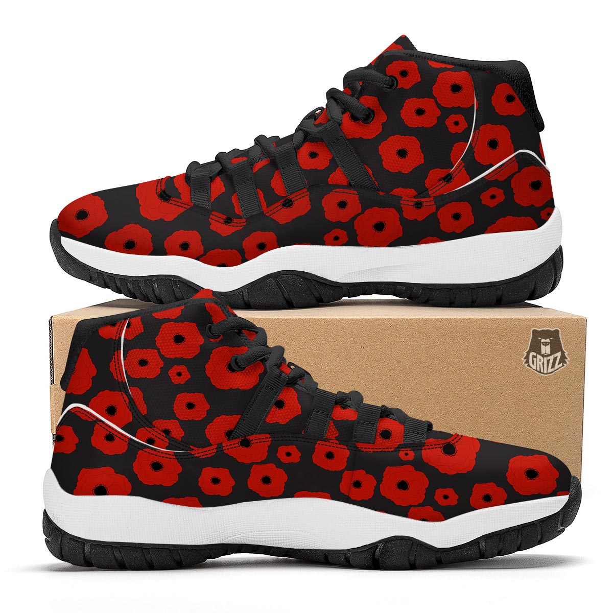 Poppy Red Print Pattern Black Bball Shoes-grizzshop