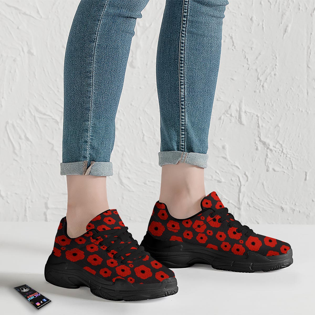 Poppy Red Print Pattern Black Chunky Shoes-grizzshop
