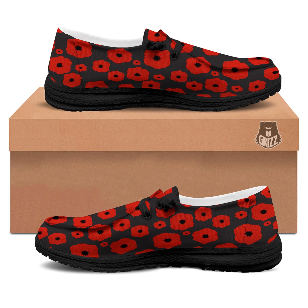 Poppy Red Print Pattern Black Loafers-grizzshop