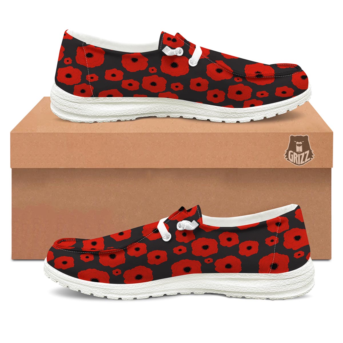 Poppy Red Print Pattern Black Loafers-grizzshop