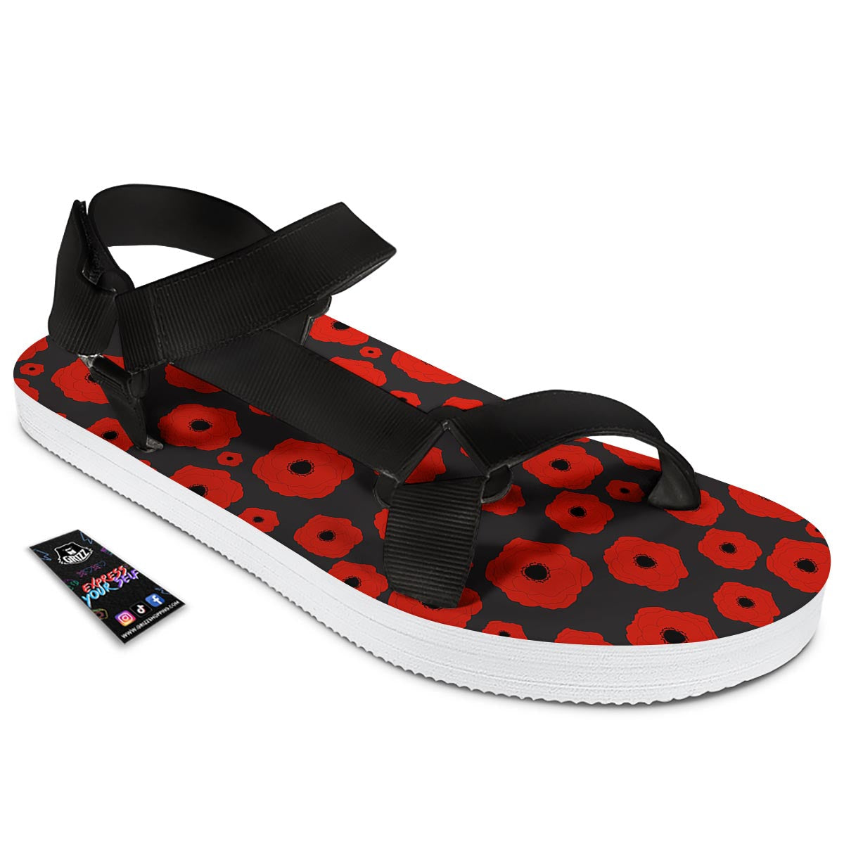 Poppy Red Print Pattern Black Open Toe Sandals-grizzshop