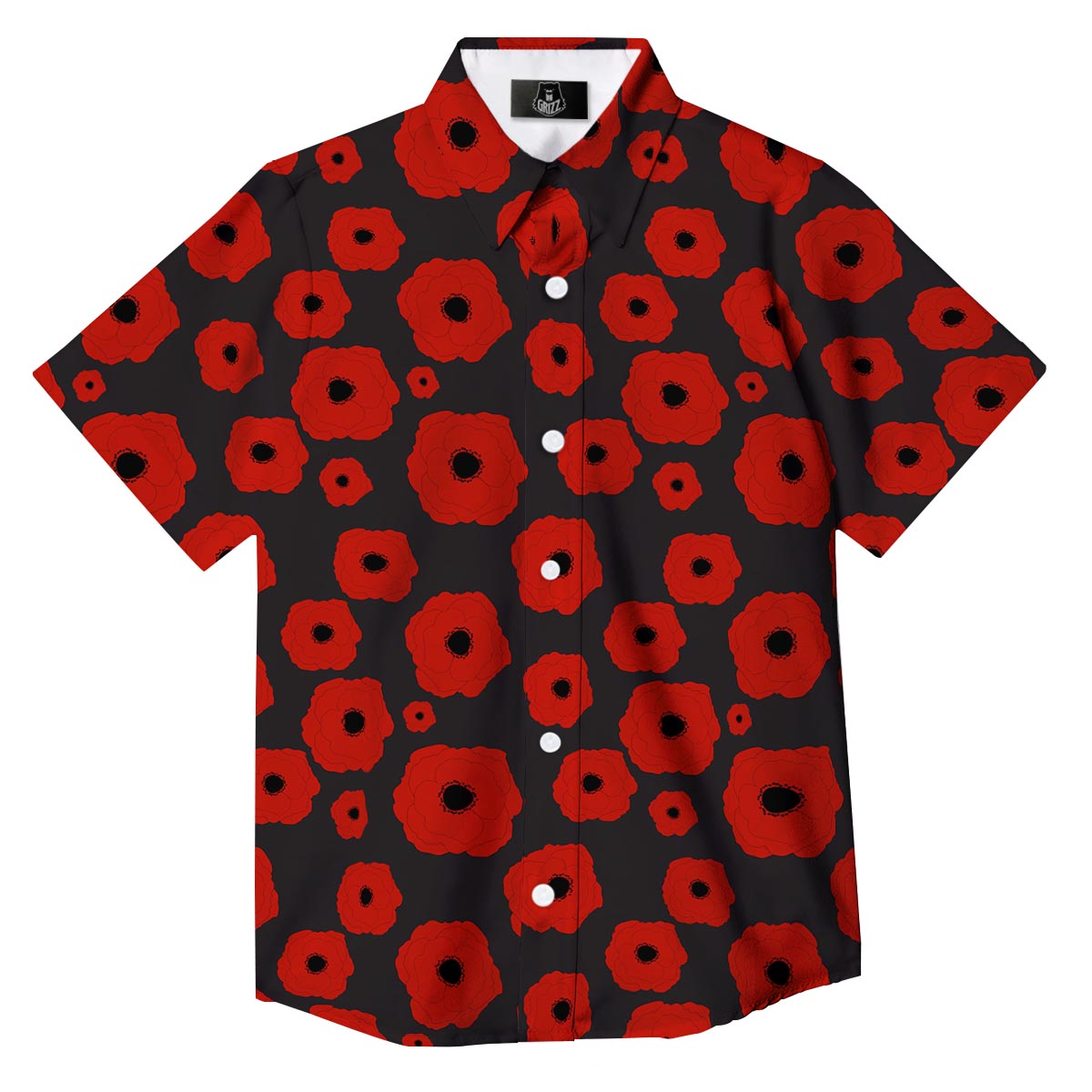 Poppy Red Print Pattern Button Up Shirt-grizzshop