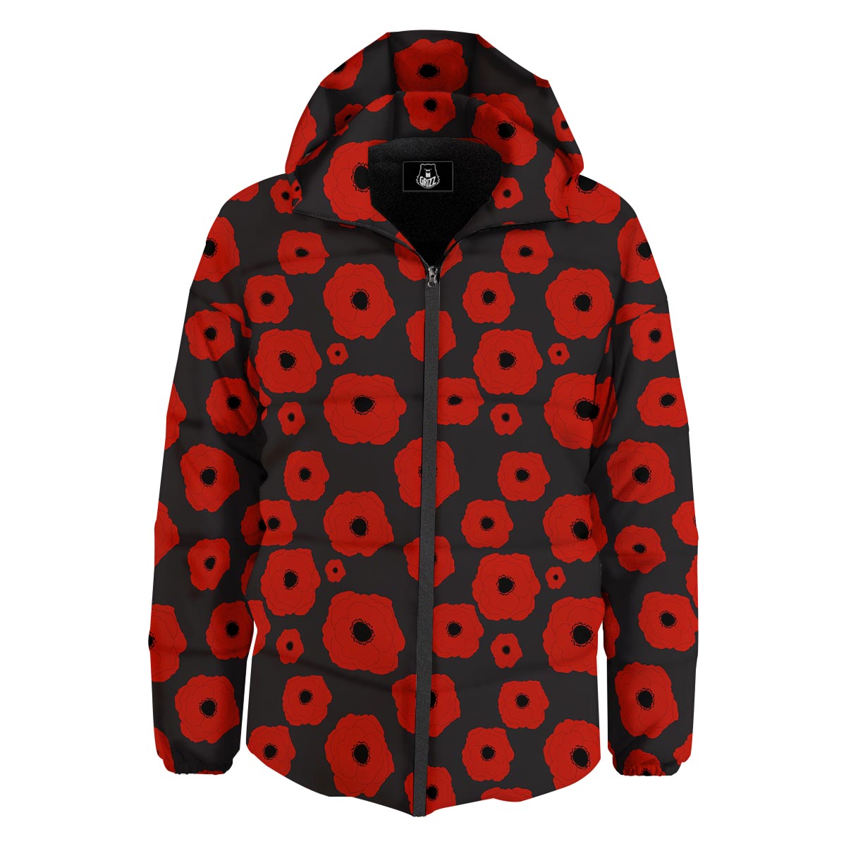 Poppy Red Print Pattern Down Jacket-grizzshop
