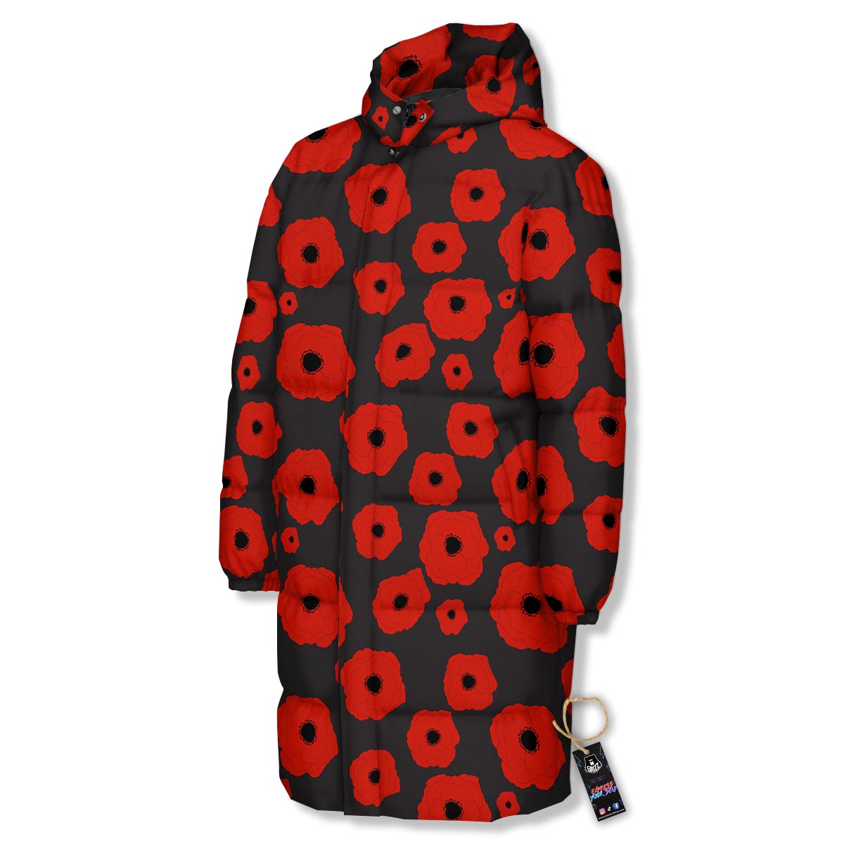 Poppy Red Print Pattern Long Down Jacket-grizzshop