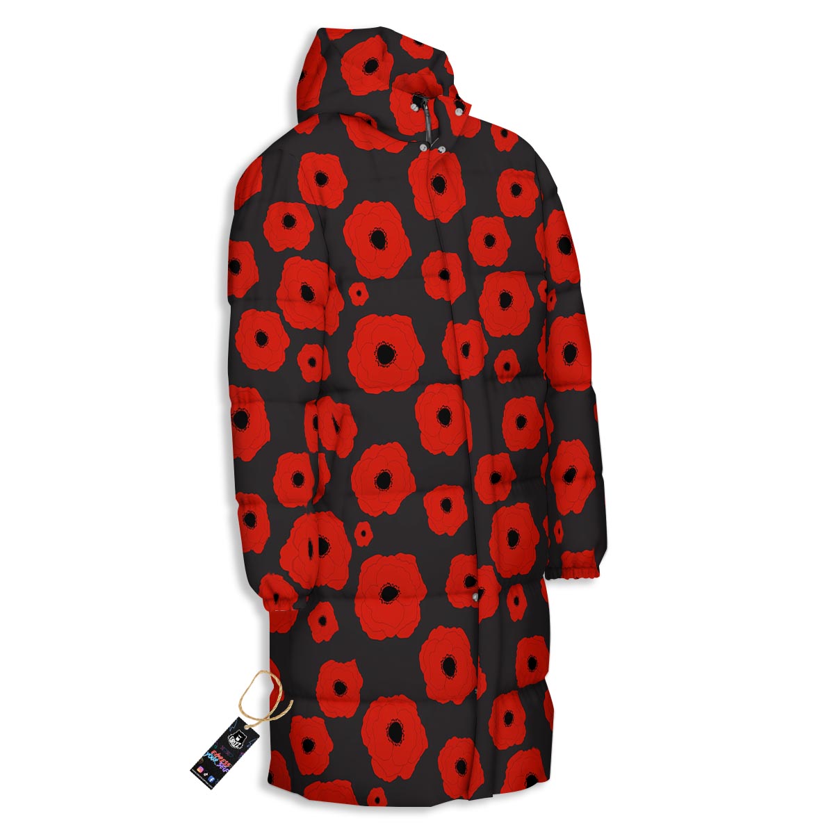 Poppy Red Print Pattern Long Down Jacket-grizzshop