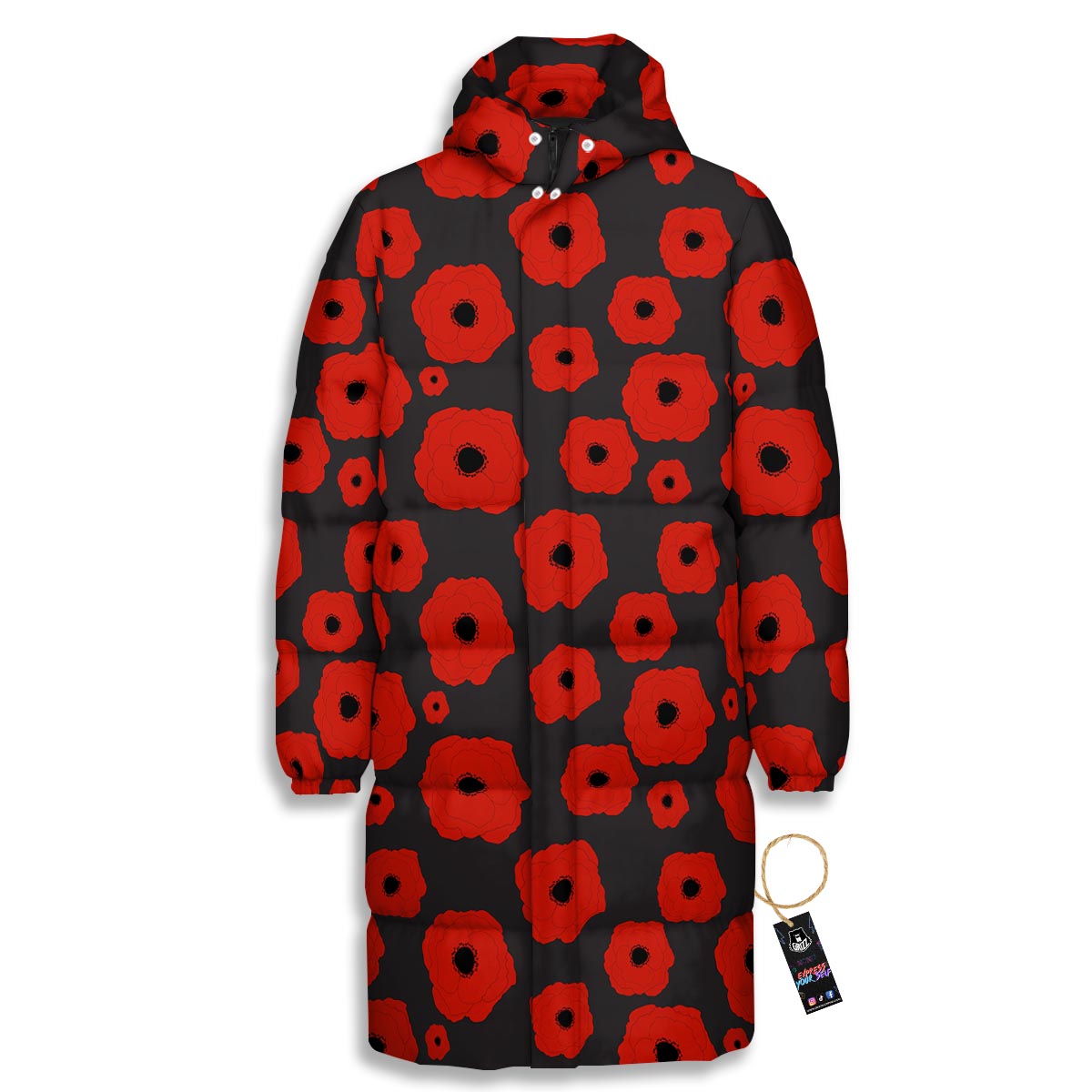 Poppy Red Print Pattern Long Down Jacket-grizzshop