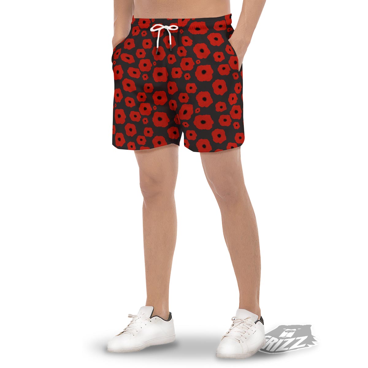 Poppy Red Print Pattern Men's Gym Shorts-grizzshop
